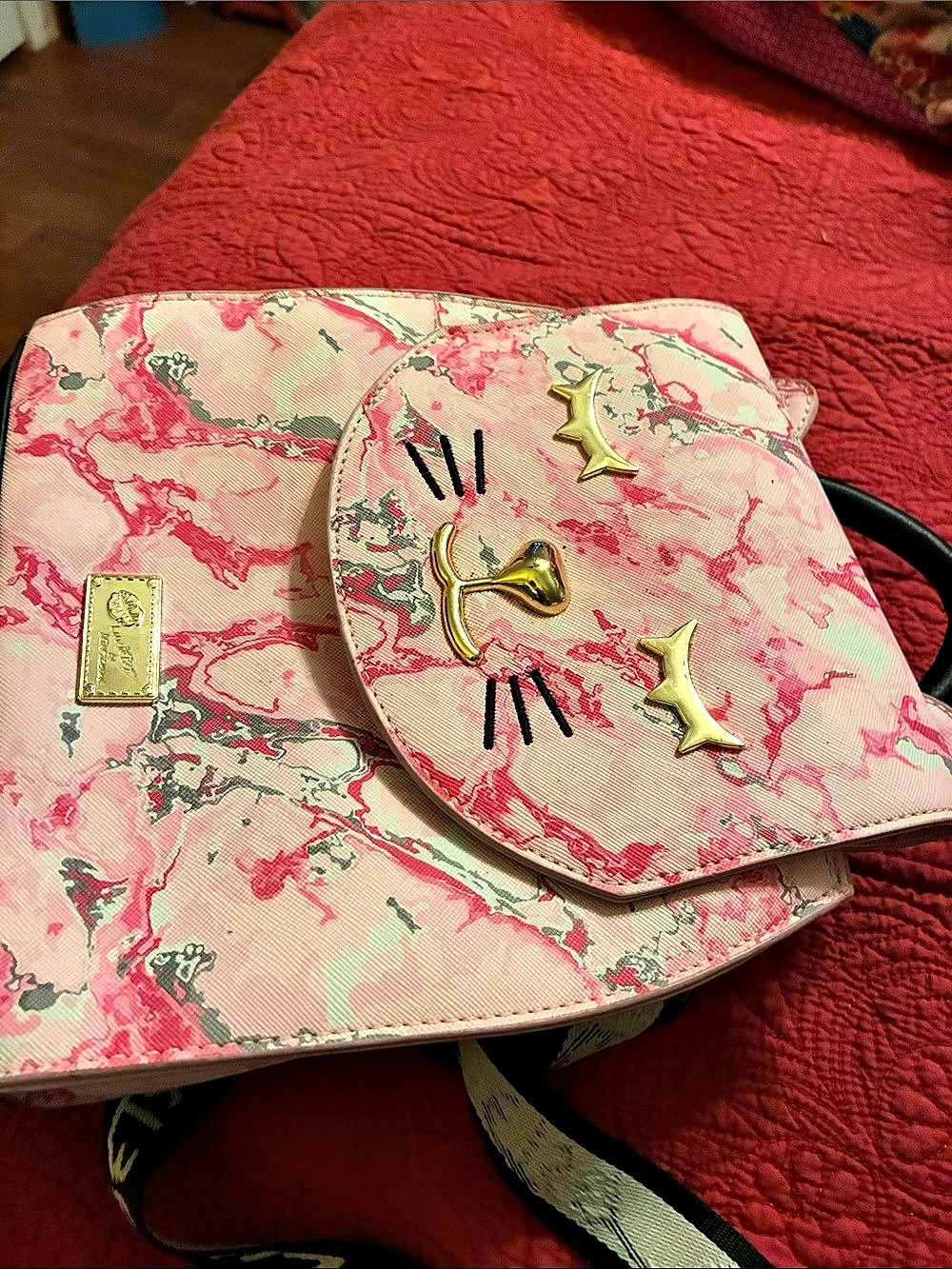 Betsey Johnson Cat Face Shoulder Bag in Pink & Black Like New